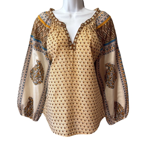 Lucky Brand Boho Paisley V Neck Long Sleeve Peasant Blouse Ladies Small - Picture 1 of 16
